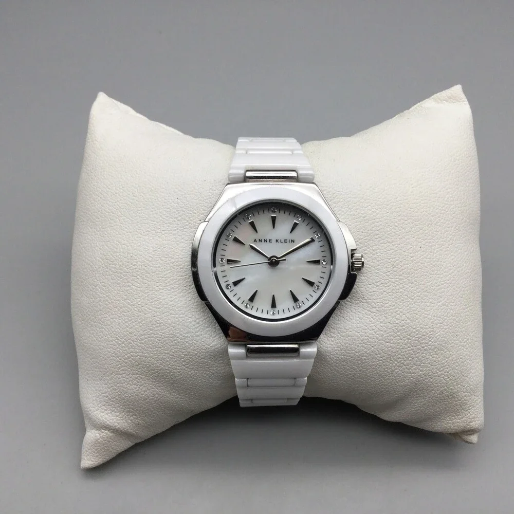 Anne Klein Watch Women 31mm Silver Tone White Cermaic MOP Dial New Battery 5.75